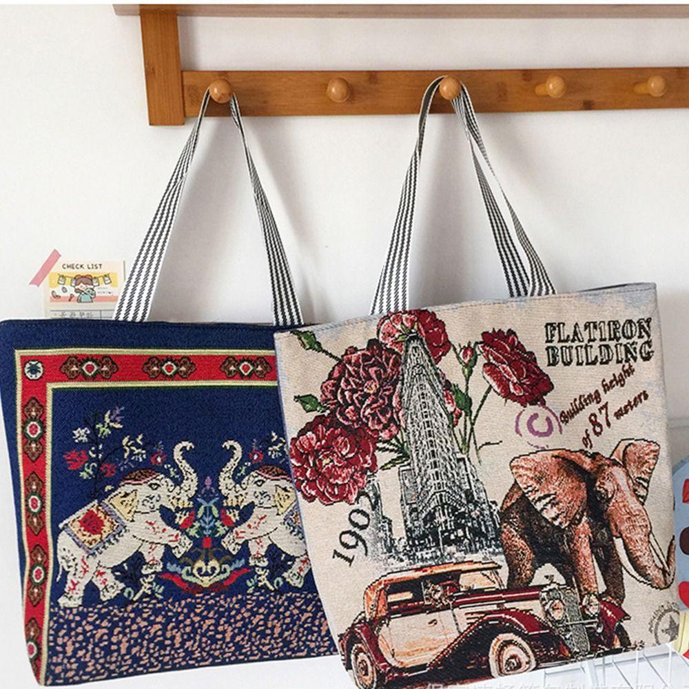 

Elephant Ethnic Style Handbag Animal Women Shoulder Bags Simple Canvas Tote Bag Storage Bag L