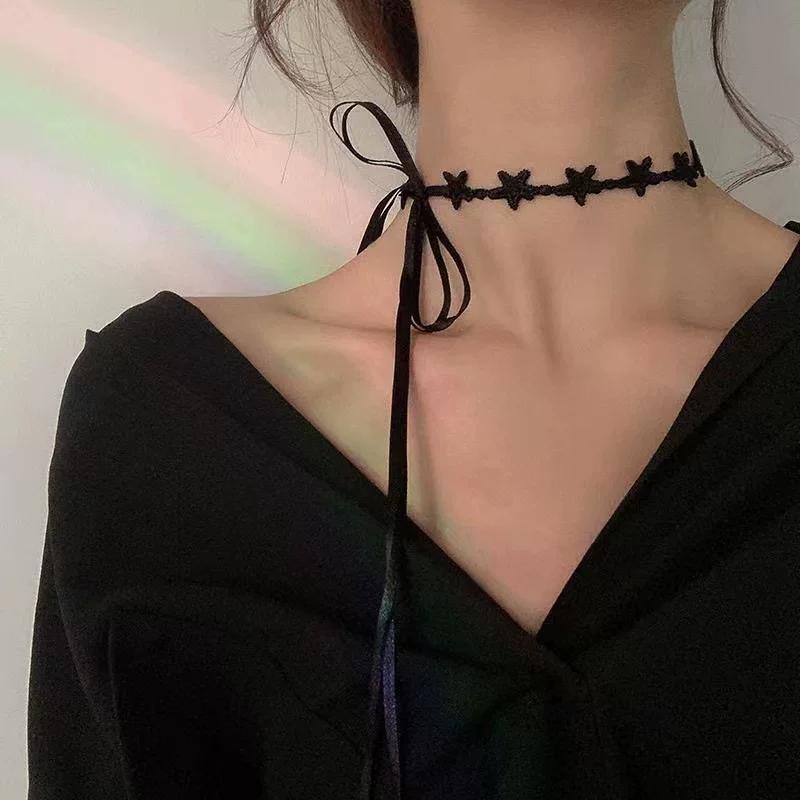 Black Lace White Bow Choker Necklace, Trendy Adjustable Clavicle Chain Neck Accessories for Girls
