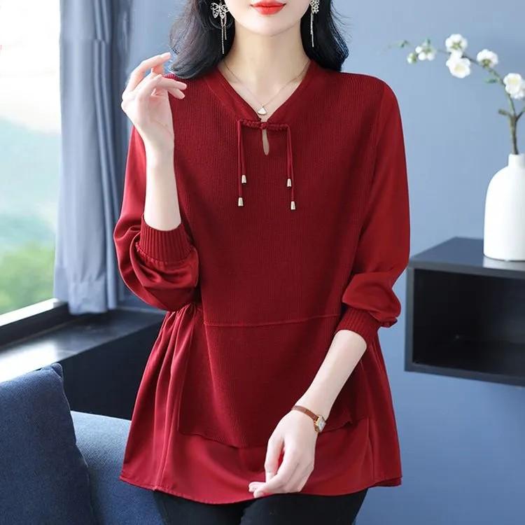 Women's Spring Autumn Patchwork Loose Plus Size Shirt Casual V-Neck Vintage Blouse