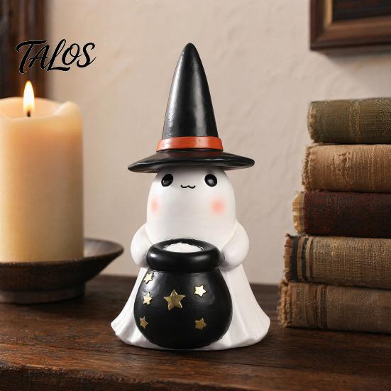 Ambient Autumn Night Lamp Ghost Light, Resin Figurine with Witch Hat Glowing Pumpkin Bucket, Warm Home Table Centerpiece LED Amber Lamp, Farmhouse