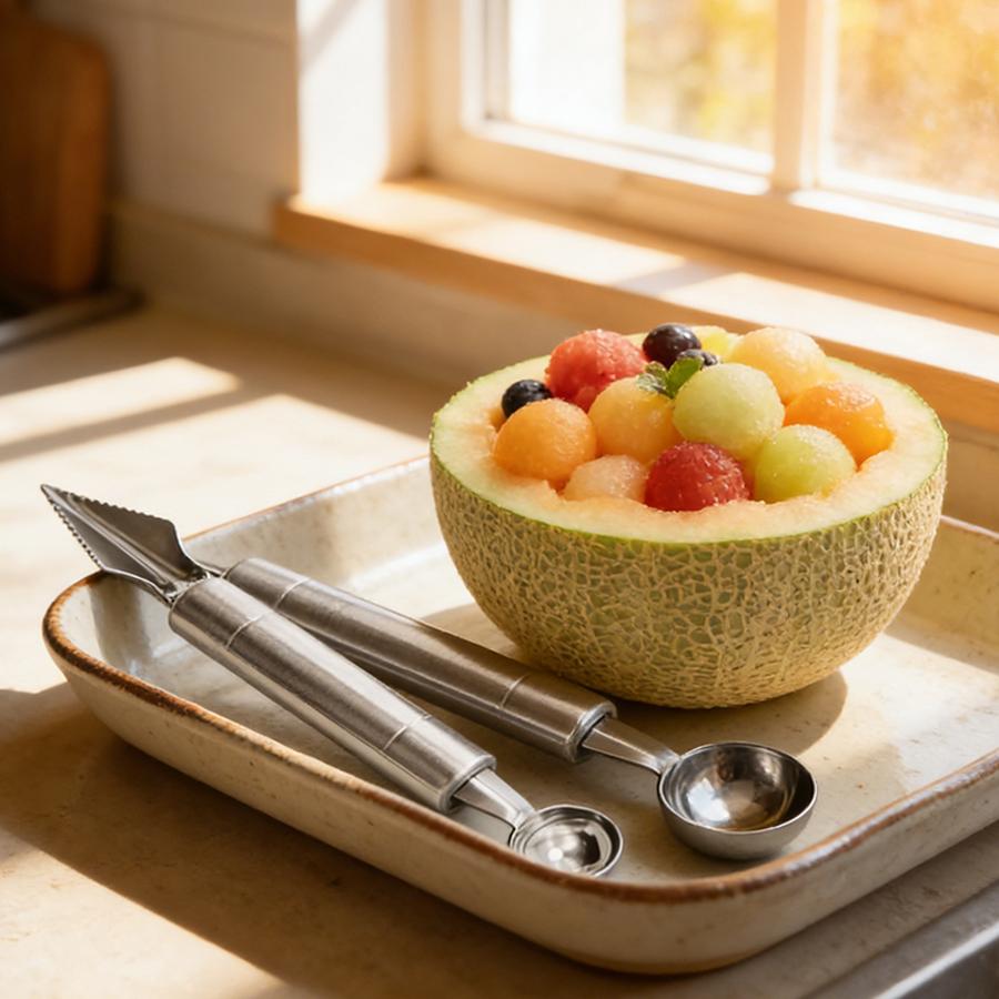2Pcs Double-Headed Stainless Steel Fruit Baller Spoon - Multi-Function Melon Scoop & Carving Tool for Fruit Platter & Salad Prep