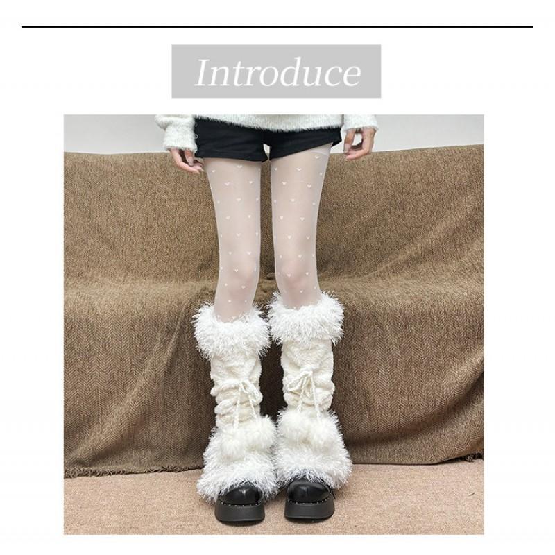 Y2K Fuzzy Leg Warmers With Pom Poms Chessboard Winter Thick Knit Tube Socks Women