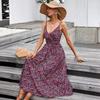 2023 Summer Bestseller: Women's V-neck Spaghetti Strap Print Dress - European & American Style, Waist-Cinching Design