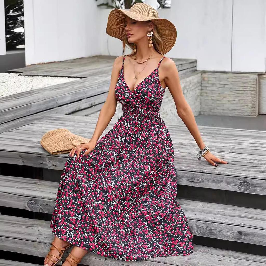 2023 Summer Bestseller: Women's V-neck Spaghetti Strap Print Dress - European & American Style, Waist-Cinching Design