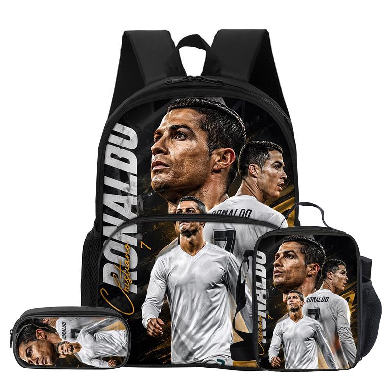3 Pcs Set with Front Pocket Backpack Ronaldo with Thermal Insulated Lunch Tote Purse CR Pencil Case Football Star Rucksack