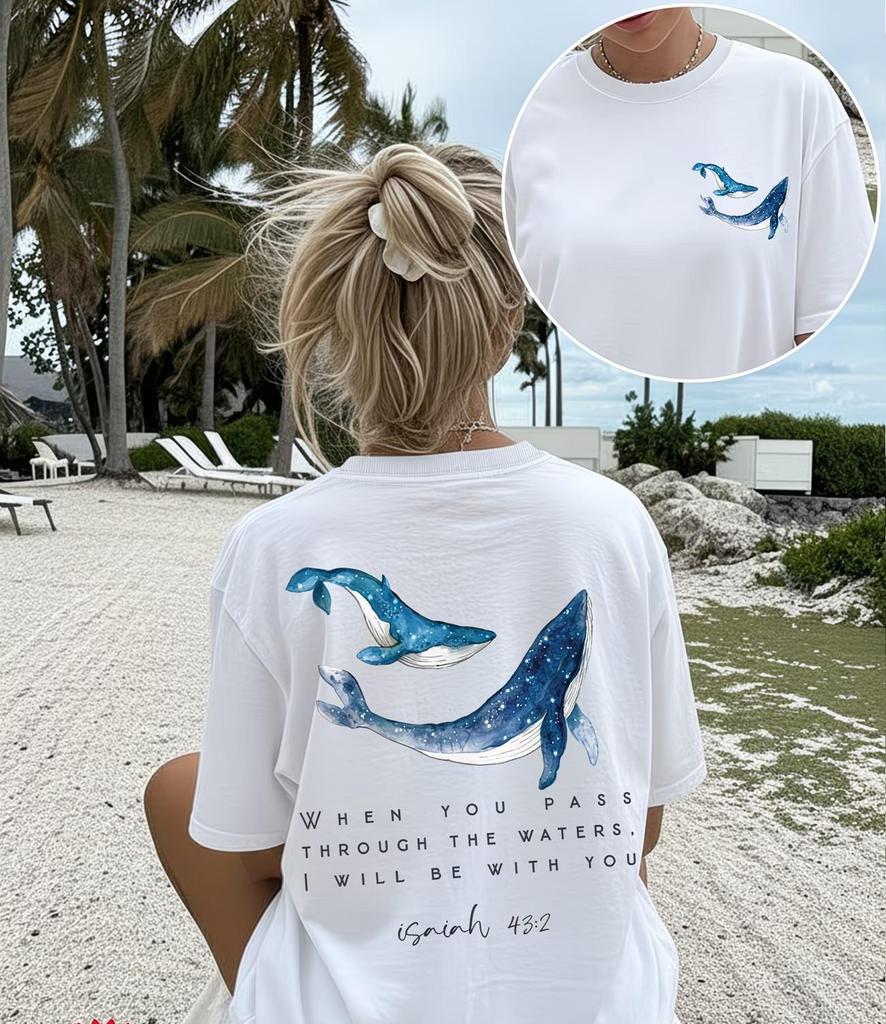 Christian Whale Graphic T Shirt Isaiah 43:2 Bible Verse Faith Tops Women Trendy Back Print Casual Short Sleeve Summer Tee