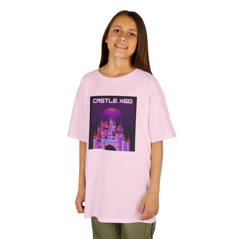 Retro Neon Castle Kids T-Shirt | Pink Purple Fantasy Palace 150
