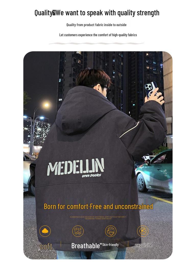Men's & Teen Boys' Trendy Velvet-Enhanced Winter Jacket, Thick Cotton Windbreaker for Older Kids & Junior High Students