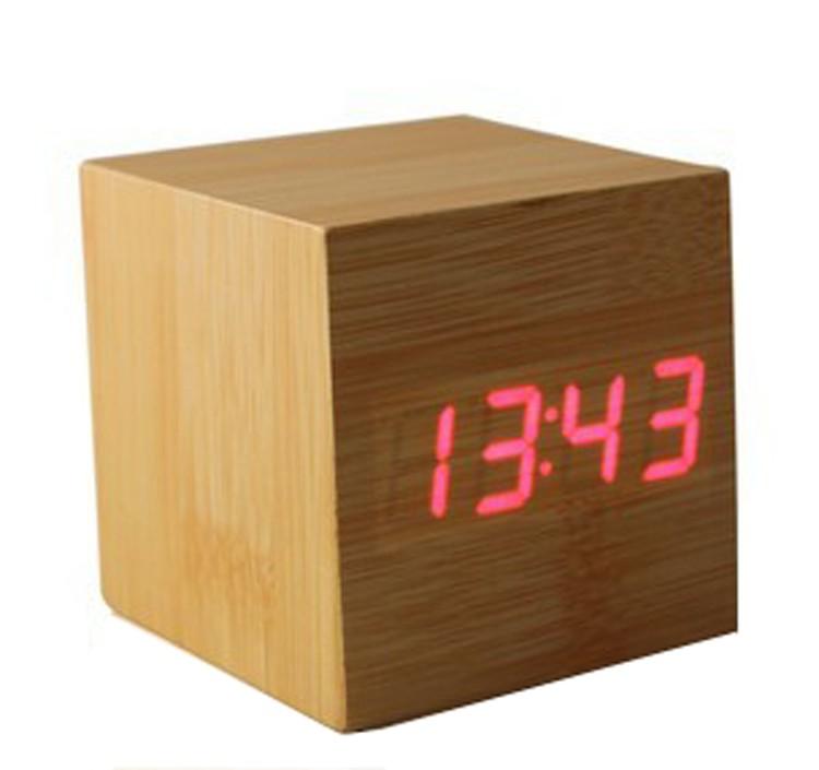 square Sound Control Digital LED Wooden desk table Alarm Clock