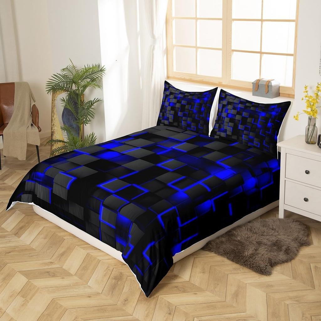 Blau plus Schwarz Beding Weiche Bettwäsche Weiche Bettbezug-Set Leichte Geometrische Bettwäsche-Set für Kinder Kinder Junge Mädchen Warme Deckenbezug-Set Tagesdecke