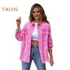 Women Denim Jacket Retro Single-breasted Ripped Hole Turn-down Collar Long Sleeves Solid Color Flap Pockets Lady Coat Commuting Shopping Coat