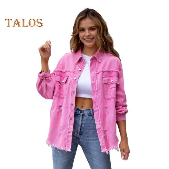 Women Denim Jacket Retro Single-breasted Ripped Hole Turn-down Collar Long Sleeves Solid Color Flap Pockets Lady Coat Commuting Shopping Coat