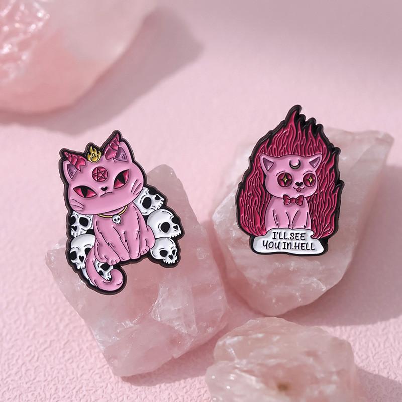Adorable Cartoon Style Halloween Brooch With Pink Skull Bat And Cat For Festive Decoration