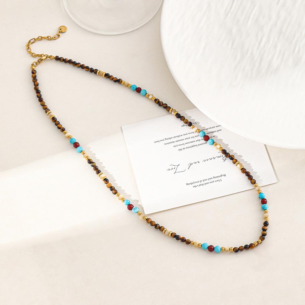 GEMCHIC Women s Retro Elephant Pendant Necklace with Tiger Eye and Turquoise Beads, Detachable Gold Plated Stainless Steel Charm