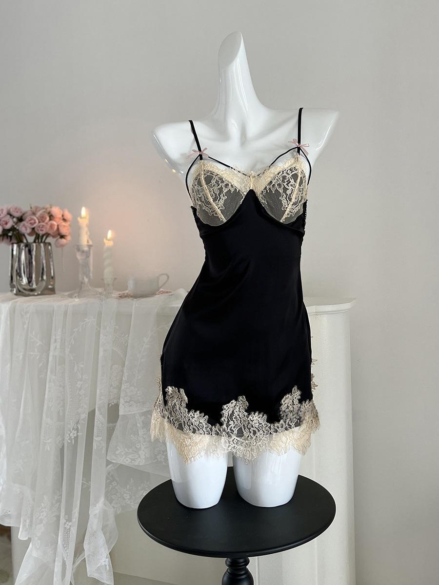 

Сексуальная ночная рубашка из ледяного шелка Pure desire из атласа с кружевными подвязками на груди Pure desire, открытая спинка, ажурная пижама, одежда для дома L