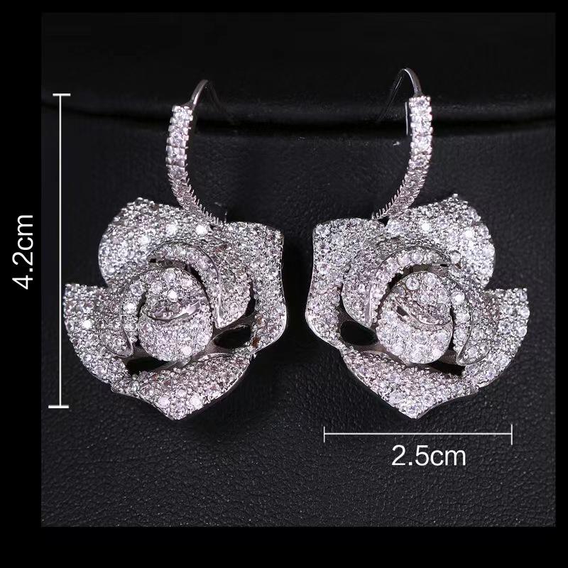 European & American Fashion Zircon Camellia Rose Earrings for Evening Dress