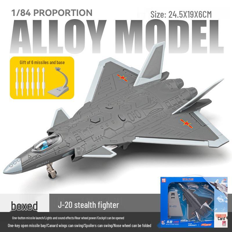 1:84 J-20 Stealth Fighter Alloy Model Toy with Sound & Light, Pull-Back Action, Folding Wings