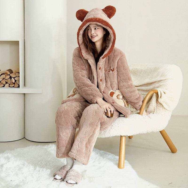 Winter three-layer padded coral fleece pajamas women's winter thickened hooded warm flannel cartoon loungewear women's