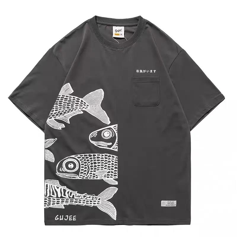 

Футболки из японского хлопка с принтом макрели, лоскутные футболки, летние свободные рубашки с круглым вырезом и коротким рукавом, повседневные рубашки для мужчин M чёрный