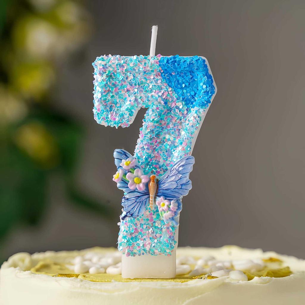 Blue Butterfly Love Flowers DIY Number Birthday Candles 0-9 - Cake Decoration