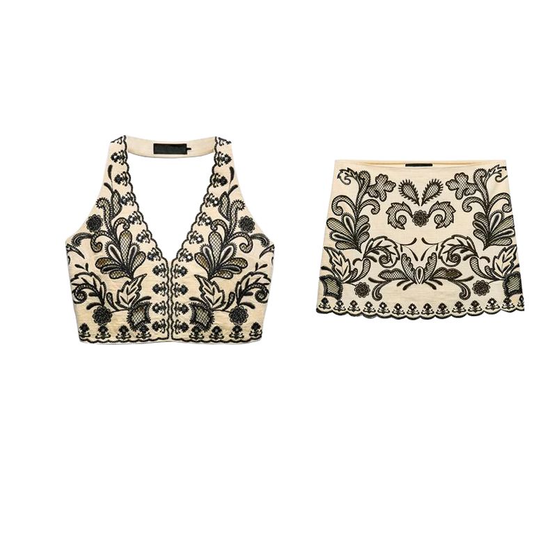 Spring New Sexy V-neck Embroidered Neck Collar Short Jacket 1821031 High Waist Mini Skirt 1821030