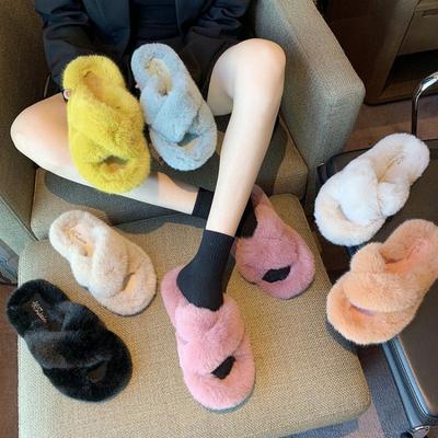 Buty damskie Jesień Zima Nowy Styl Wełniane Kapcie Damskie Imitacja Króliczego Włosa Krzyżowe Bawełniane Kapcie Kapcie Domowe