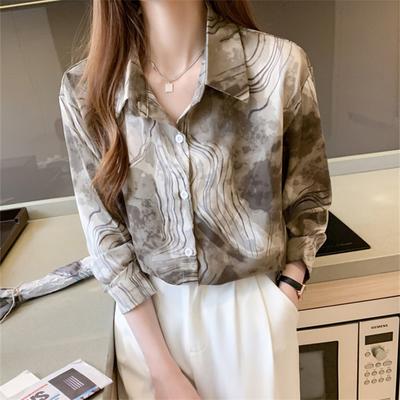 Jarní volné Dámská košile Ink Splash Print Košile s dlouhým rukávem Dámská košile s dlouhým rukávem Zapnout Neck Blusas Mujer De Moda 2022