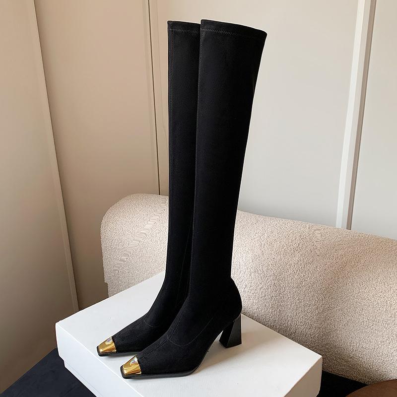 

8СМ Европейский и американский металлический маленький квадратный носок эластичный бархат 2025 осень и зима новый элегантный темперамент толстый каблук ботфорты 40