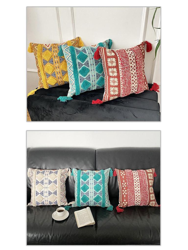 Bohemian Ethnic Flocking Linen Pillow Cover - Decorative Cushion for Sofa, Bedroom, or Bedside