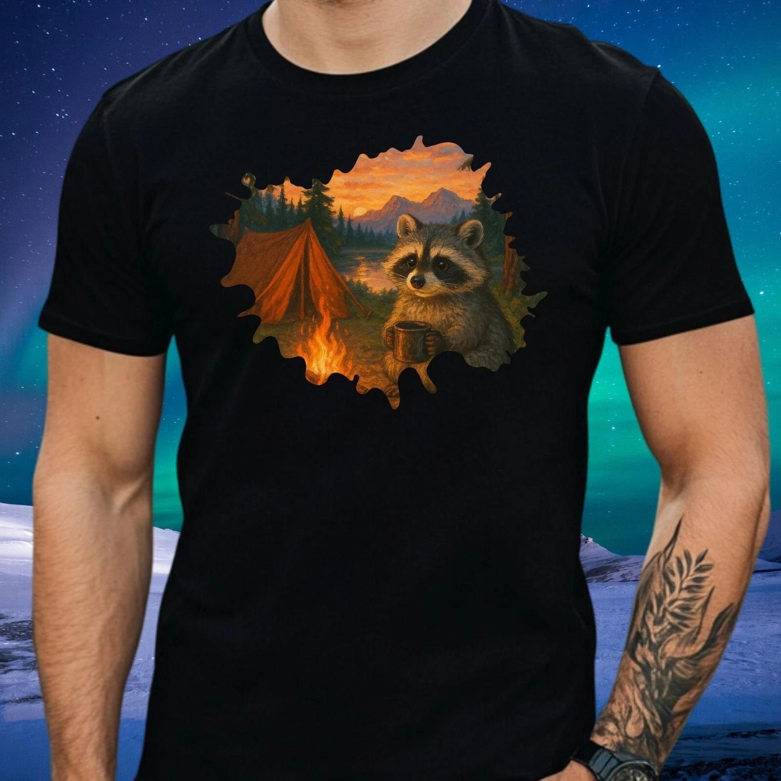 T-Shirt Herren Camping Waschbär Motiv Baumwolle Größe S bis 5XL XL