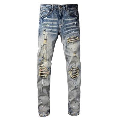 AM Retro Old Ink Splashing Ripped Patch Jeans Men's Elastic Slim Pants