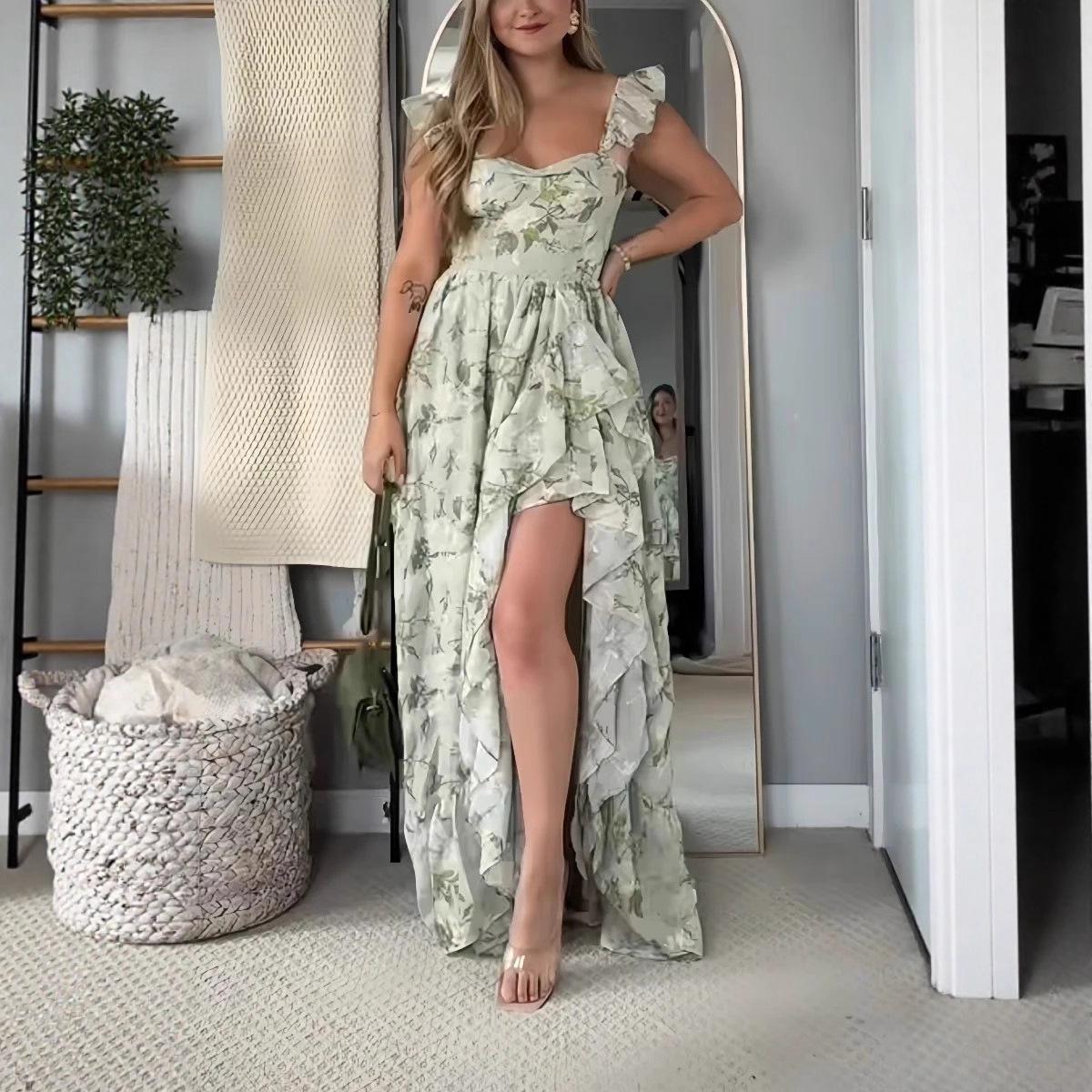 

Женское платье с глубоким V-образным вырезом, без спинки, с оборками и тонкими бретелями, европейский и американский стиль, 2025 L светло-зеленый