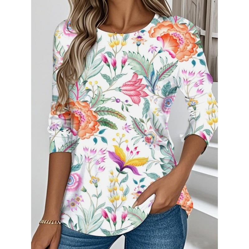 Women's 3D Printed Flower Crew Neck Casual Stylish Long Sleeve T-Shirt
