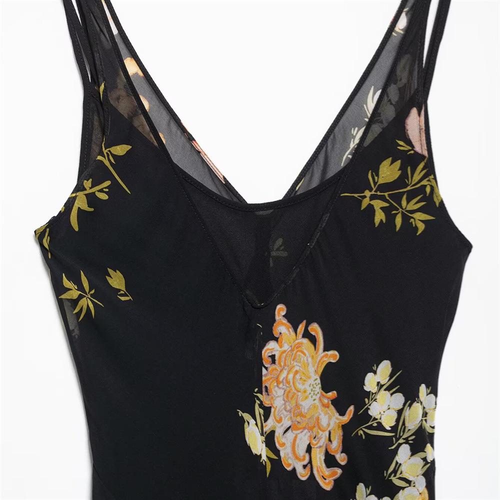 2025 Spring/Summer Women's Slim Fit Backless Floral V-Neck Sleeveless Dress