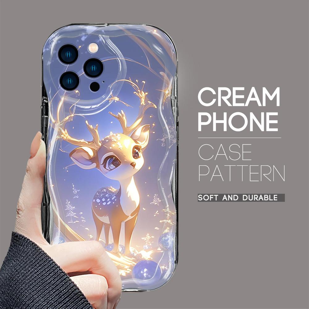 For iPhone 16 15 14 13 12 Samsung S24 S23 S22 A06 A13 A14 A15 A16 A55 Redmi Note 13 12 Cream Texture Wavy Edge Cute Deer Design Soft Phone Case