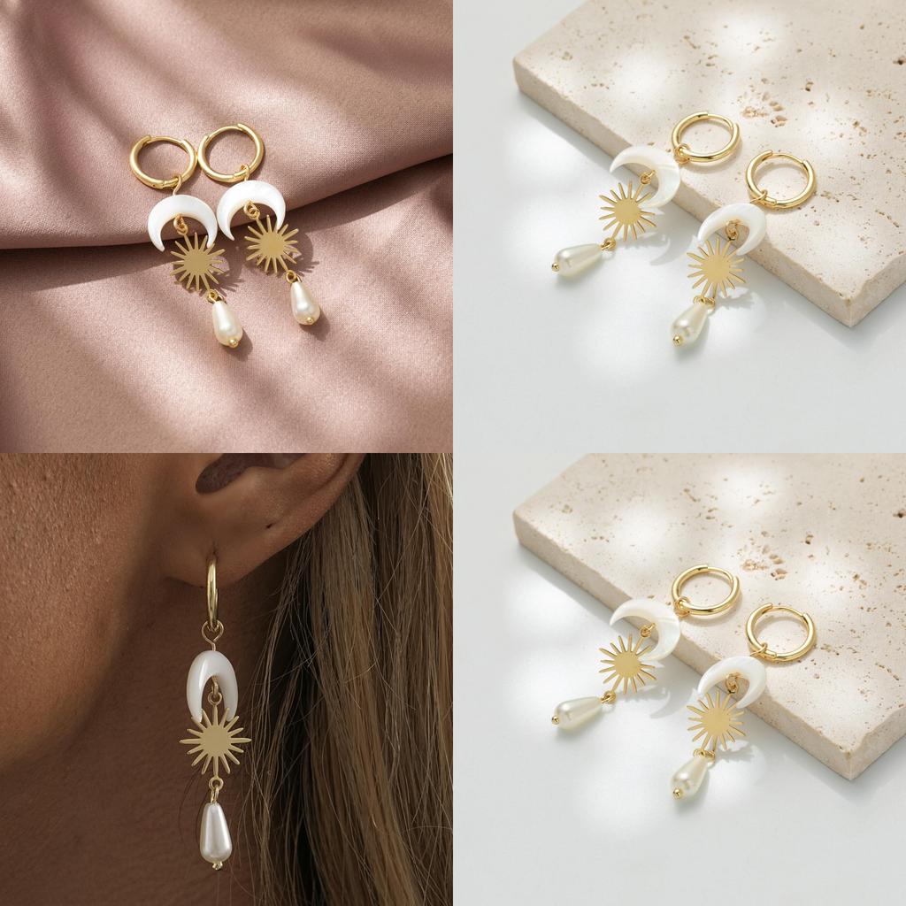 Unique Geometric Shell Earrings With Gold Plated Moon Teardrop Design