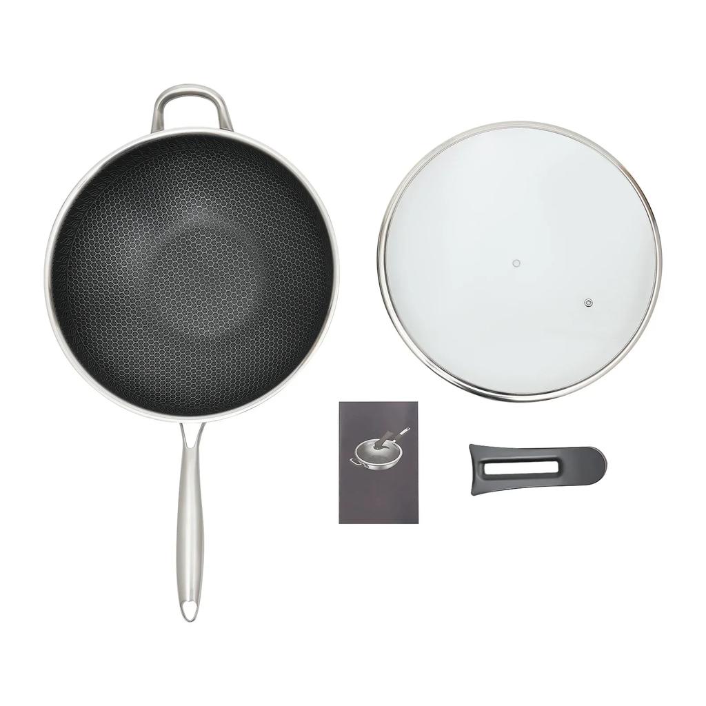 3.4-inch Stainless Steel Honeycomb Wok with Lid, Flat Bottom Frying Pan, Stir-Fry Pan, Suitable for Induction and Gas Stoves