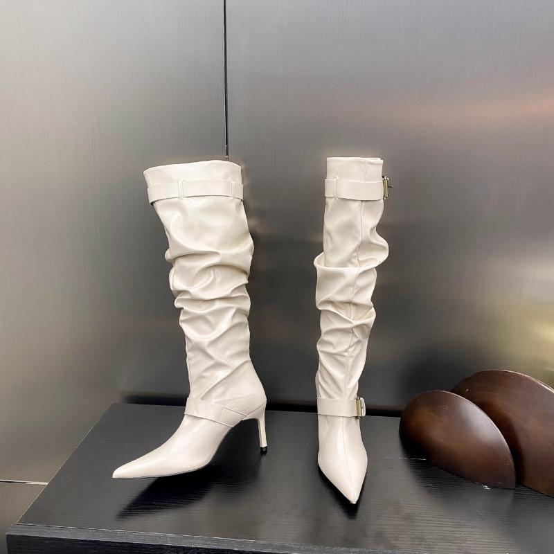 Mode Spitzschuh Dünne Sohle Stilettoabsatz Übergröße Plissierte Mid-Calf Stiefel Damenschuhe
