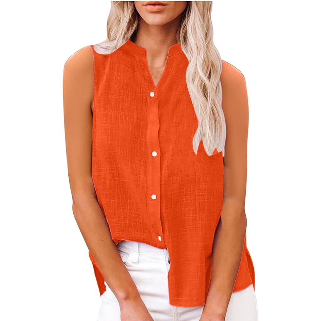 Women's Fashion Color Casual Sleeveless Cardigan Button Loose Cotton Linen Shirt Top