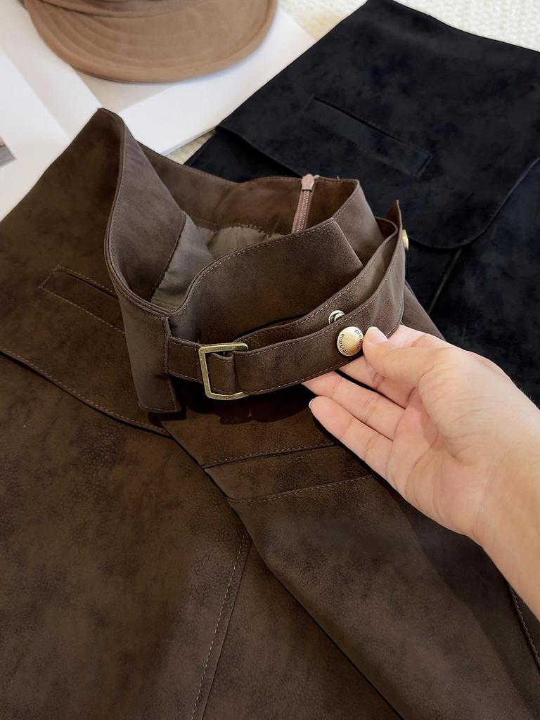 Plus Size Retro Coffee Suede Asymmetrical A-Line High Waist Skirt - Women's Spring/Autumn, Hip-Hugging Short Style.