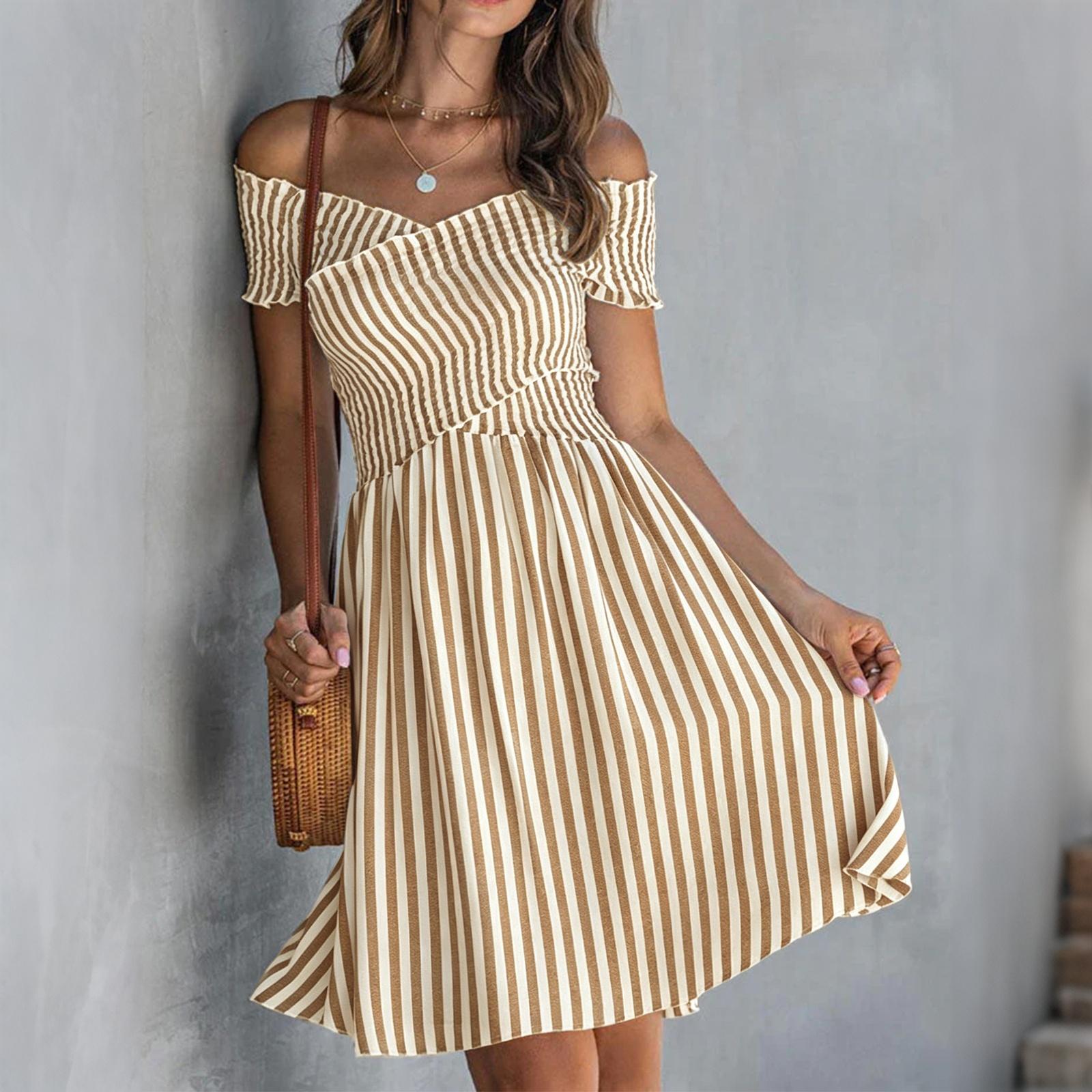 

Off Shoulder Striped Dress Women Short Sleeve Elastic Waist Casual Summer Knee Length Dress with Ruffled Hem M жовтий