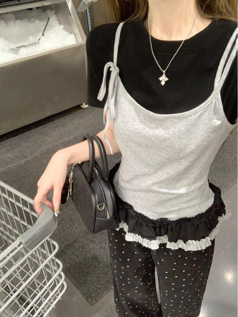 Morning Bloom Patchwork Ruffle Hem Short-Sleeve T-Shirt for Women
