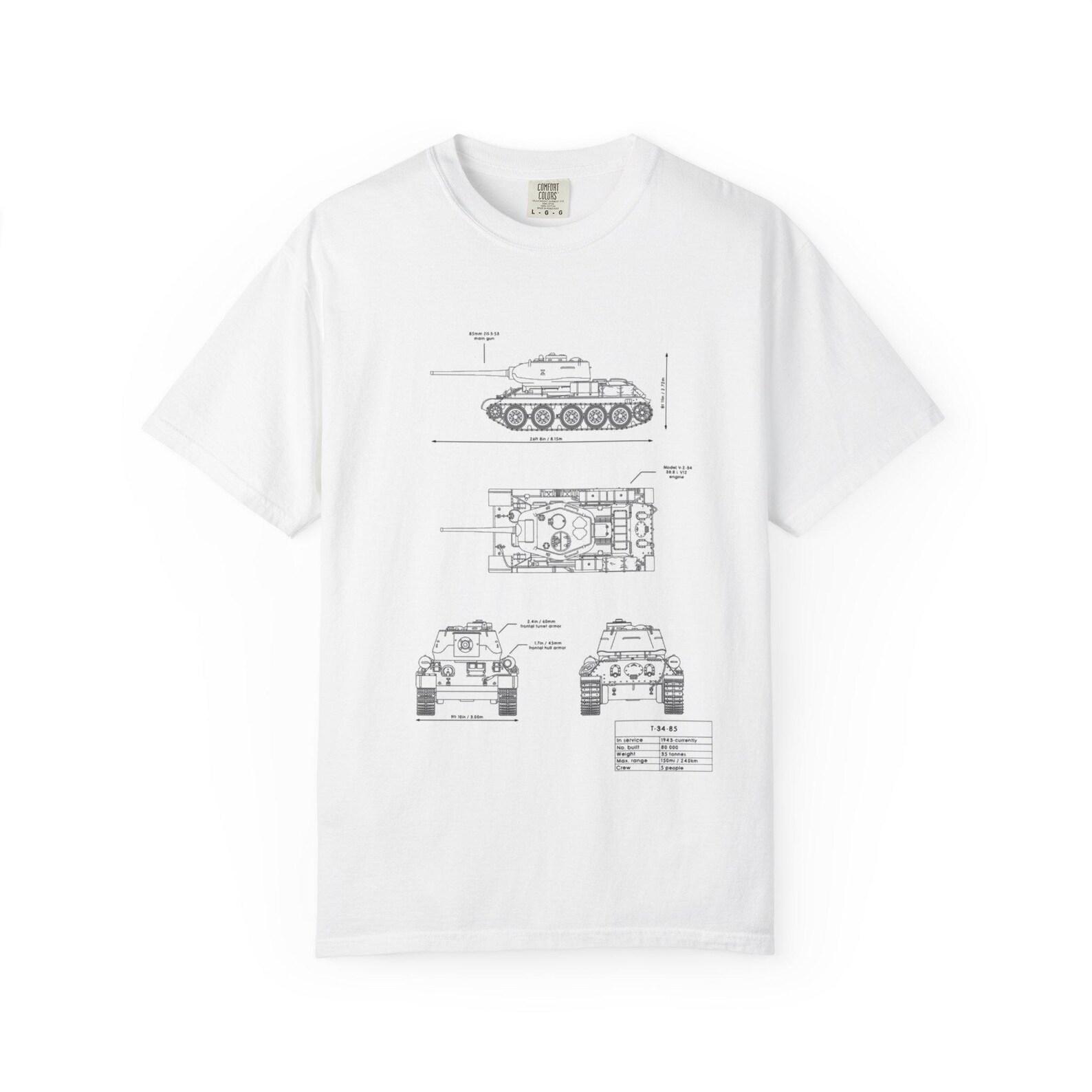 Vintage T34 Tank Blueprint T-Shirt: Garment-Dyed Military Tee M