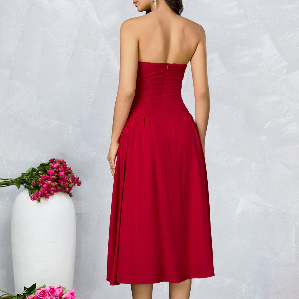 New Holiday Style Tube Top Solid Color Dress, Sexy Temperament Backless Slim A Word Medium and Long Dress Skirt