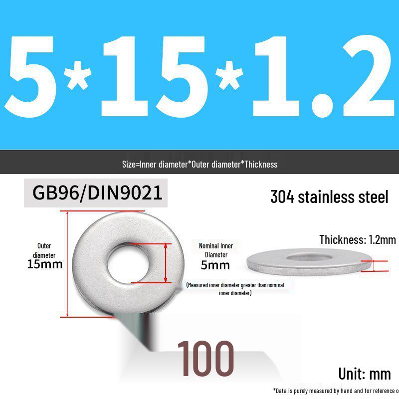 304 Stainless Steel Enlarged Flat Washer Ring (Sizes: M1.6-M22)