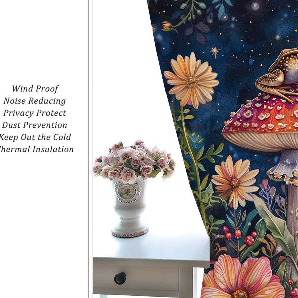 Fantasy Colorful Mushroom Frog Florals Blackout Curtains Vintage Rustic Watercolor Spring Garden Wildlife Frogs Printed Perforat