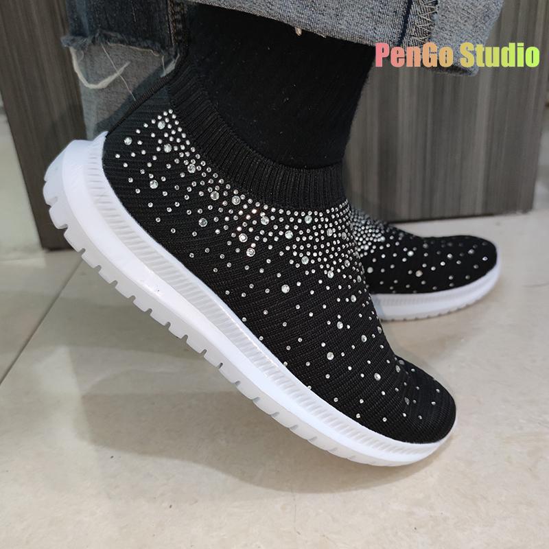 9 Colors Rimocy Shining Crystal Flats Women Spring Breathable Knit Platform Sneakers Woman Comfortable Soft Bottom Non -Slip Sports Shoes
