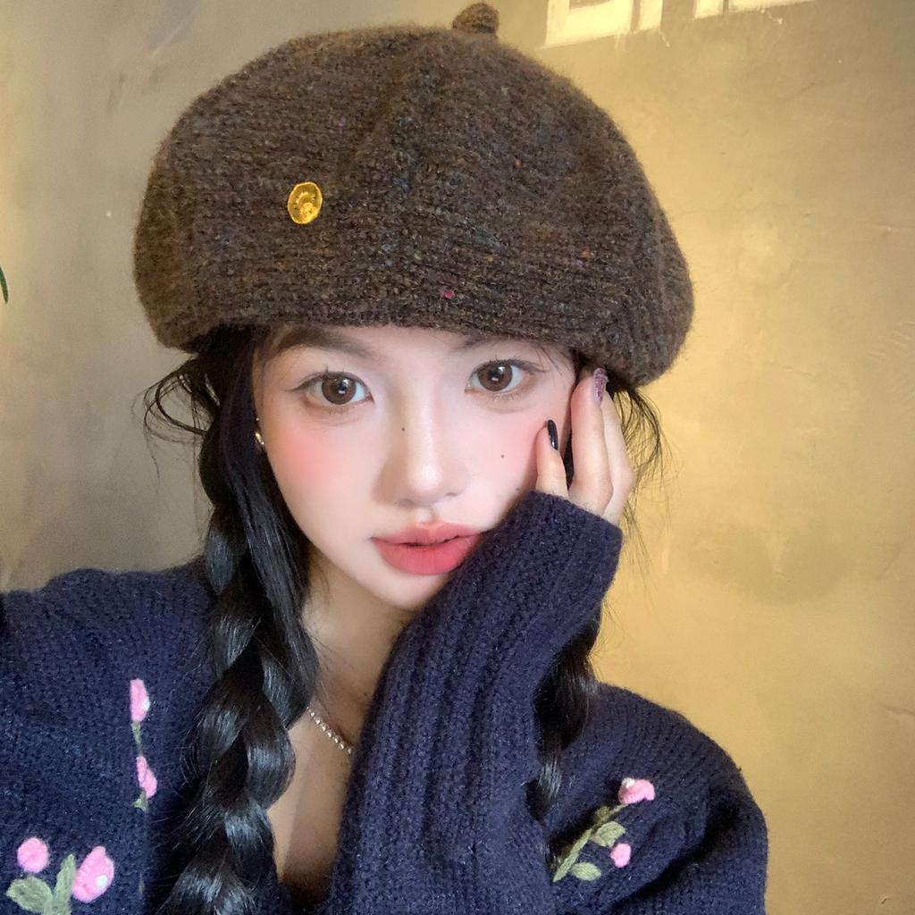 Maillard Coffee Color Knitted Beret for Women in Autumn and Winter Small Face  Large Head Circumference  Warm and Versatile Cloud Painter Hat