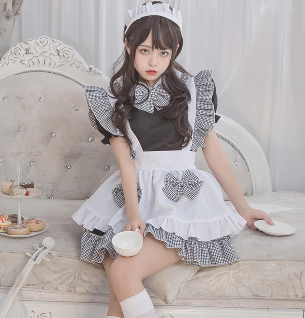 Damen Faul Lolita Dienstmädchen Cosplay Kurzes Kleid über dem Karomuster, Ärmel, Schürze, Knie, Mini, Grau, (Klein)