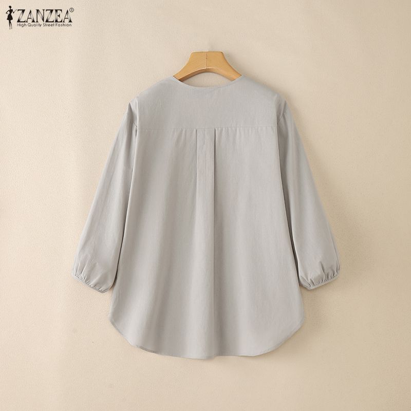 ZANZEA Damen Freizeit Rundhals Einfarbig 3/4 Ärmel Bluse